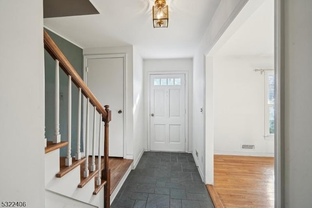 foyer entrance with dark wood-type flooring and a wealth of natural light