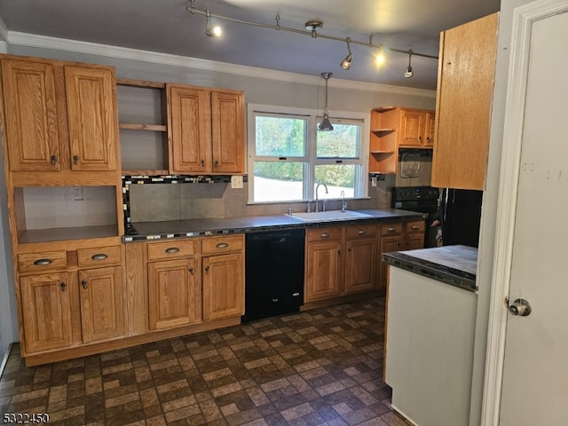 kitchen with decorative backsplash, black dishwasher, ornamental molding, sink, and pendant lighting