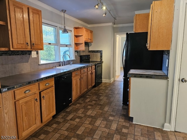 kitchen with decorative backsplash, hanging light fixtures, ornamental molding, sink, and black appliances