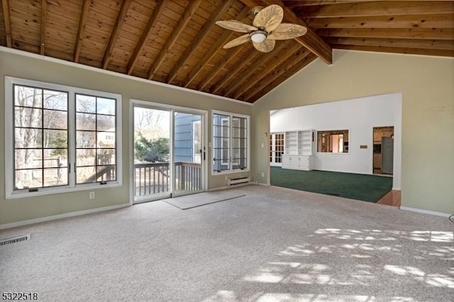 interior space with wooden ceiling, visible vents, vaulted ceiling with beams, and ceiling fan