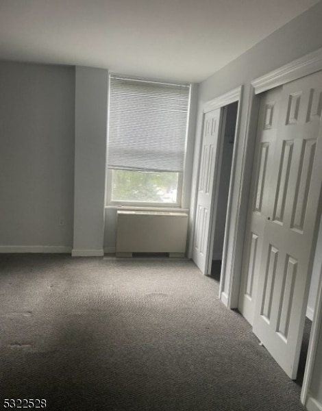 spare room featuring radiator and carpet floors