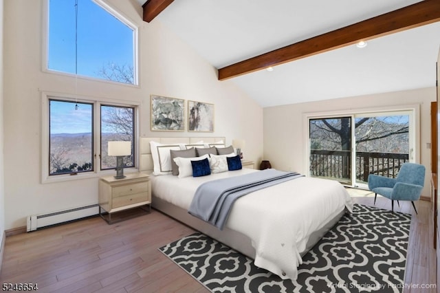 bedroom featuring access to outside, beam ceiling, hardwood / wood-style floors, a baseboard radiator, and high vaulted ceiling