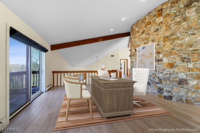 bar with hardwood / wood-style floors, lofted ceiling with beams, and a baseboard radiator