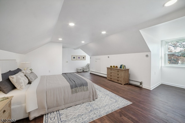 bedroom featuring a baseboard radiator, dark hardwood / wood-style floors, and vaulted ceiling