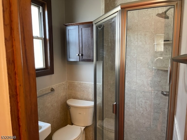 bathroom with walk in shower, a healthy amount of sunlight, and toilet