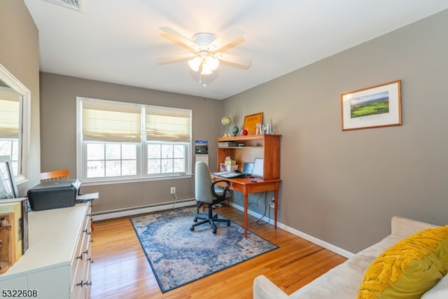 office space with ceiling fan, baseboard heating, and light wood-type flooring