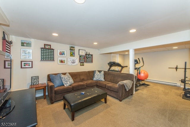 living room with a baseboard radiator and light carpet