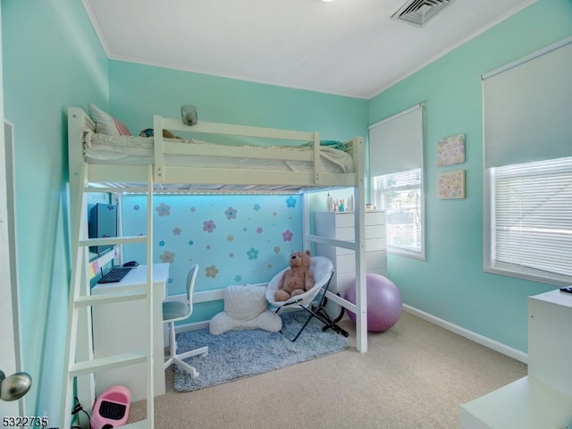 carpeted bedroom with crown molding