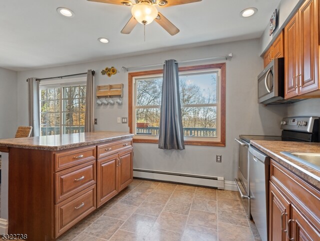 kitchen with stainless steel appliances, ceiling fan, a baseboard radiator, and kitchen peninsula