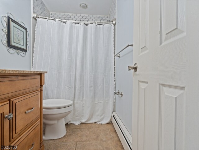 bathroom featuring walk in shower, tile patterned flooring, vanity, a baseboard heating unit, and toilet