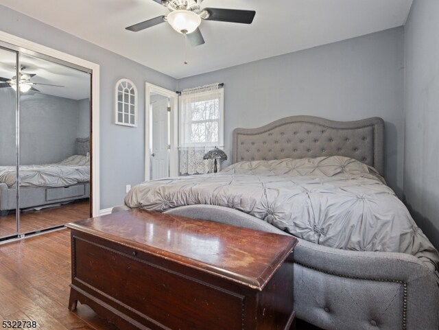 bedroom featuring wood-type flooring, ceiling fan, and a closet