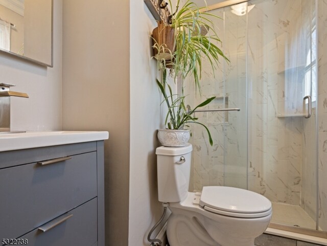 bathroom with walk in shower, vanity, and toilet