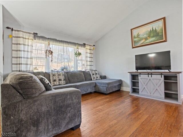 living room featuring hardwood / wood-style flooring and lofted ceiling