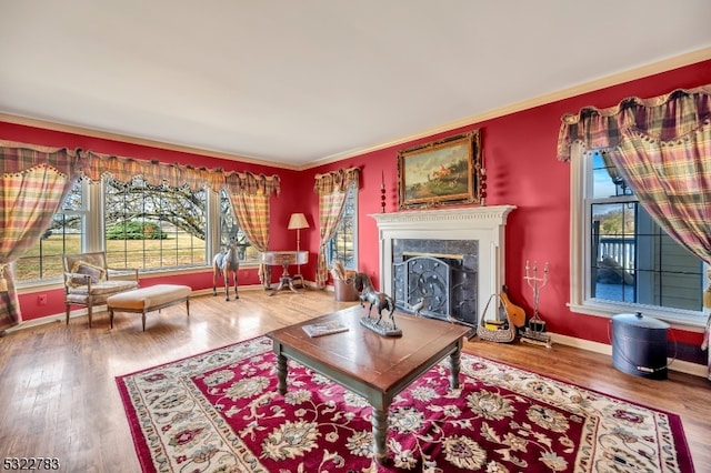 living room with wood-type flooring, a high end fireplace, and ornamental molding