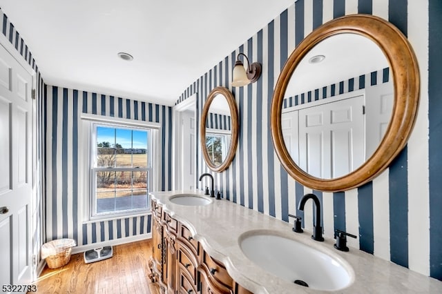 bathroom featuring vanity and hardwood / wood-style flooring