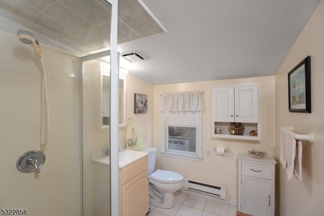 full bath with a stall shower, visible vents, tile patterned flooring, vanity, and a baseboard heating unit