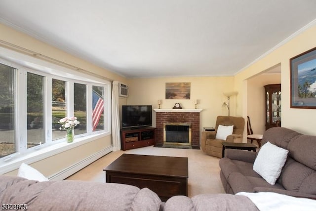 living room featuring a baseboard radiator, carpet floors, a fireplace, a wall mounted AC, and crown molding