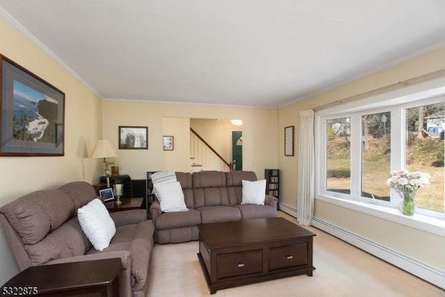 living room featuring a baseboard radiator, light carpet, crown molding, and stairway