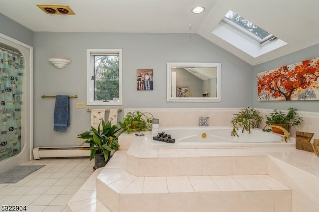 bathroom featuring shower with separate bathtub, vaulted ceiling, tile patterned flooring, and a baseboard heating unit