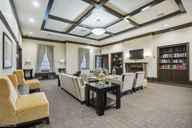 carpeted living room with beamed ceiling, coffered ceiling, and crown molding