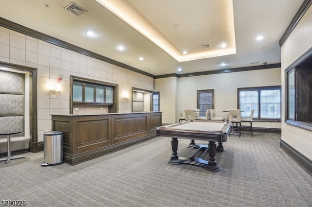 rec room with tile walls, billiards, light carpet, and a tray ceiling