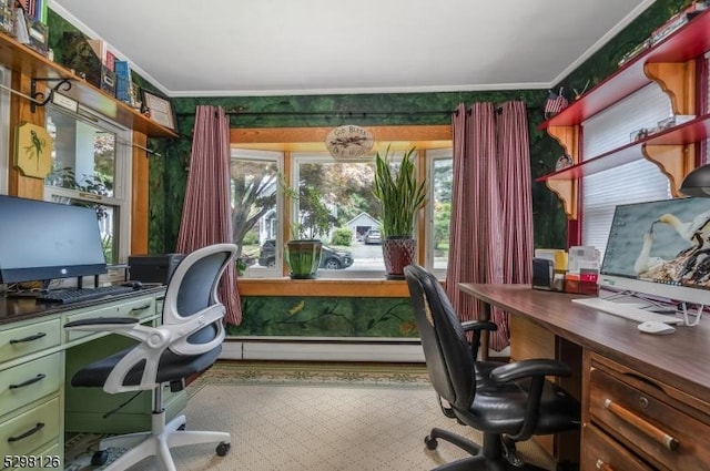 office space featuring a baseboard heating unit and ornamental molding