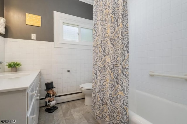 full bath with a wainscoted wall, toilet, shower / tub combo with curtain, tile walls, and vanity