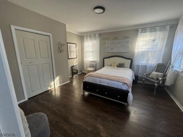 bedroom featuring dark wood-type flooring, a closet, and ornamental molding