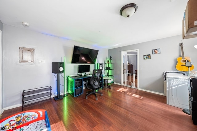 home office featuring dark hardwood / wood-style floors