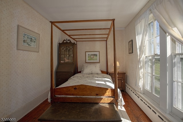 bedroom featuring dark hardwood / wood-style floors, multiple windows, and a baseboard heating unit