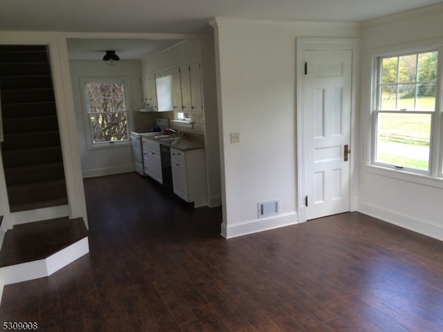 interior space featuring dark wood-type flooring, white cabinetry, backsplash, and crown molding