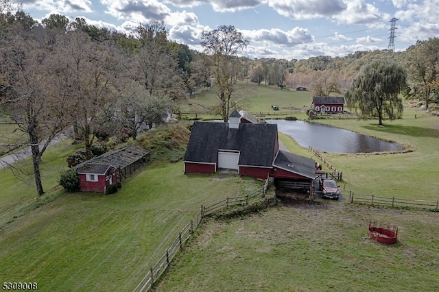 aerial view featuring a water view and a rural view