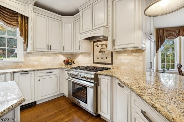 kitchen with a healthy amount of sunlight, dark wood-style flooring, high end range, and custom range hood