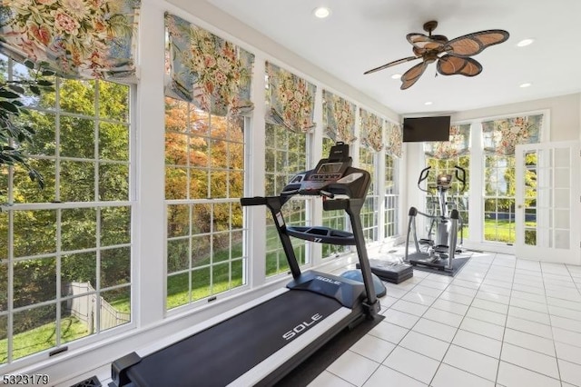 exercise area featuring light tile patterned floors, a ceiling fan, and recessed lighting