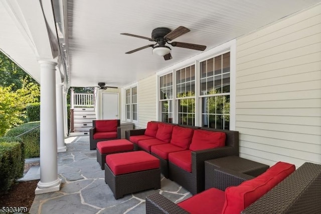 view of patio / terrace with ceiling fan and an outdoor hangout area