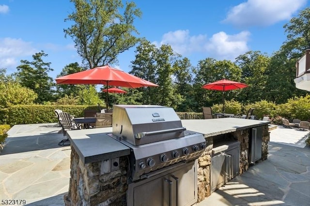 view of patio with area for grilling, outdoor dining space, and an outdoor kitchen