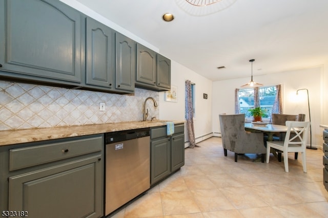 kitchen with stainless steel dishwasher, light tile patterned floors, pendant lighting, and decorative backsplash