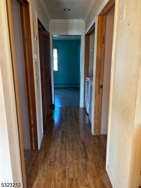 corridor featuring ornamental molding and dark hardwood / wood-style floors