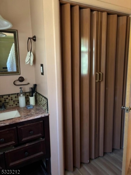 bathroom featuring tasteful backsplash, vanity, and wood-type flooring