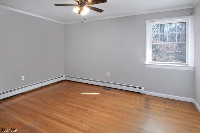 empty room featuring ceiling fan, light hardwood / wood-style flooring, and ornamental molding