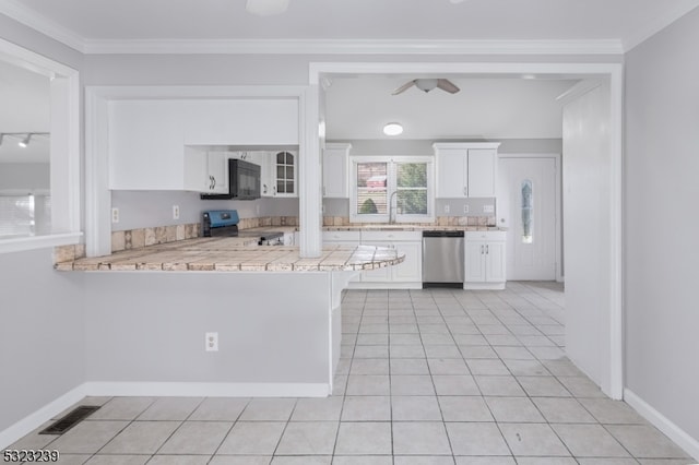 kitchen featuring black appliances, white cabinetry, kitchen peninsula, and crown molding