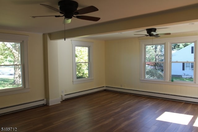 spare room featuring baseboard heating, dark hardwood / wood-style floors, and ceiling fan