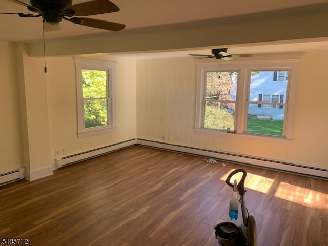 unfurnished room featuring baseboard heating, dark hardwood / wood-style flooring, and ceiling fan