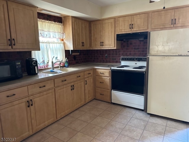 kitchen featuring white appliances, exhaust hood, sink, decorative backsplash, and light tile patterned floors