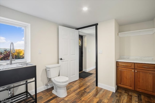 bathroom with hardwood / wood-style floors, vanity, and toilet