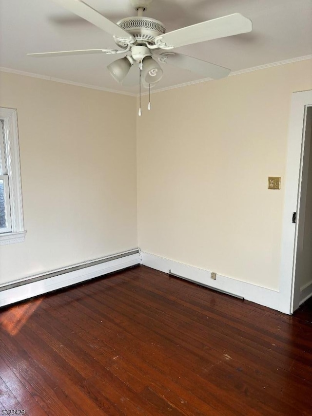 empty room featuring ceiling fan, crown molding, dark wood-type flooring, and a baseboard radiator