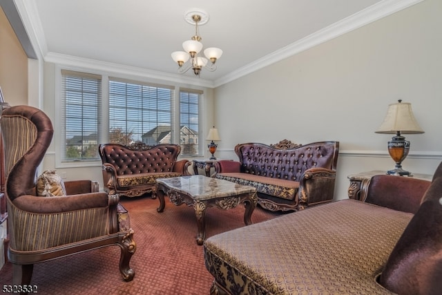 sitting room with carpet floors, an inviting chandelier, and crown molding