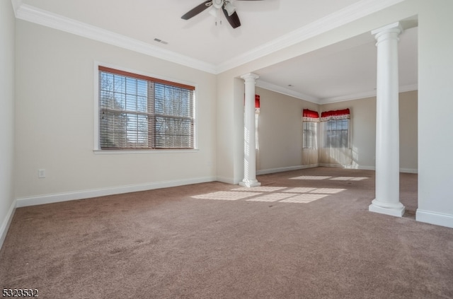 unfurnished living room featuring light carpet, ornate columns, ceiling fan, and ornamental molding