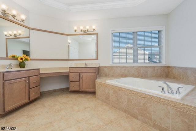 bathroom with crown molding, vanity, and a relaxing tiled tub