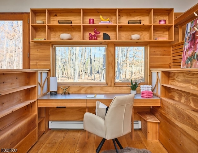 living area featuring light wood-type flooring and a baseboard heating unit